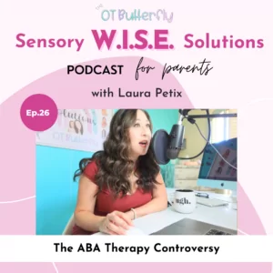 Photo of woman speaking into a microphone with a pink background. Title says "The ABA Therapy Controversy"