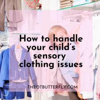 small child hiding in a closet full of sweaters and suits with a title layover that says "how to handle your child's sensory clothing issues"