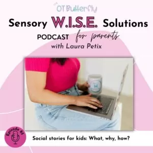 Photo of Laura Petix at the laptop. It is the cover for the podcast episode about social stories for kids: what, why, how?